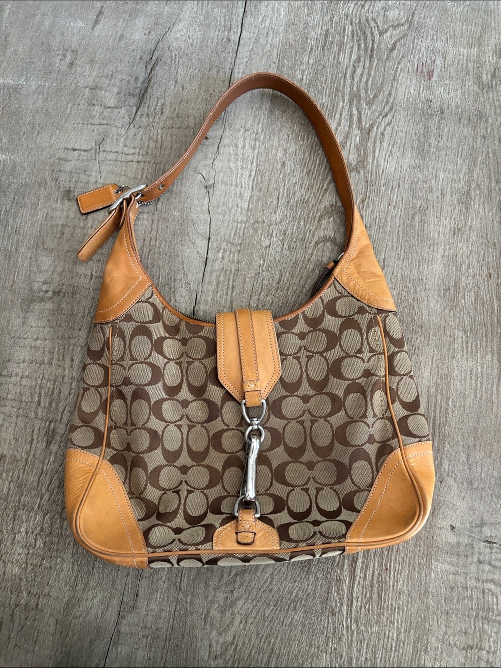 Coach Brown Hampton  Monogram Hobo with Tan Leather Trim